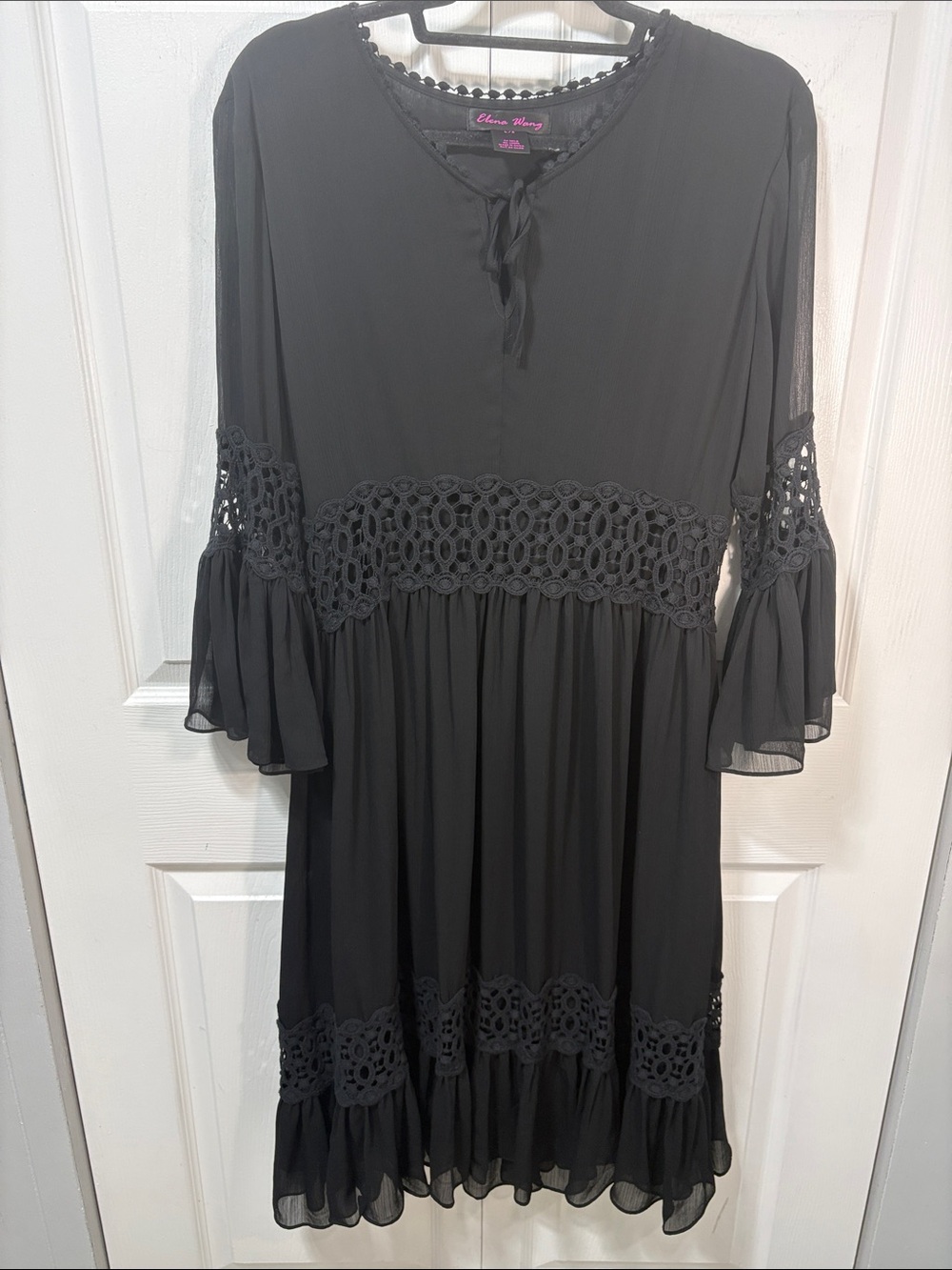 Elena Wang Black Boho Crochet Lace Bell Sleeve Dress - Picture 3 of 8